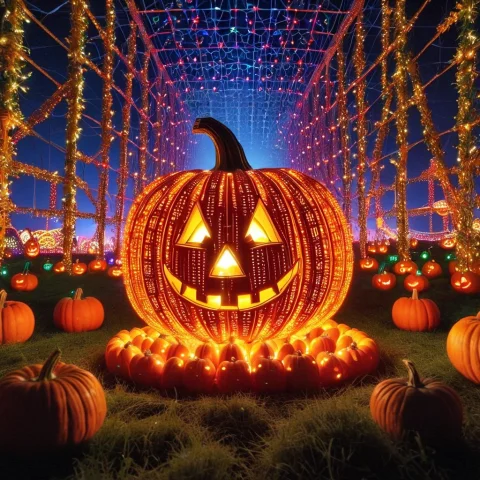 A Jolly Gyroid Lattice Led Jack-o-lantern 2 In A Gyroid Pump... — SDXL AI Prompt: ( A jolly gyroid lattice LED jack-o-lantern :2) in a gyroid (pumpkin patch under...