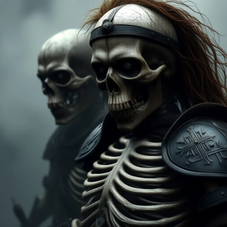 This Digital Artwork Depicts Two Skeletal Warriors In A Dark...