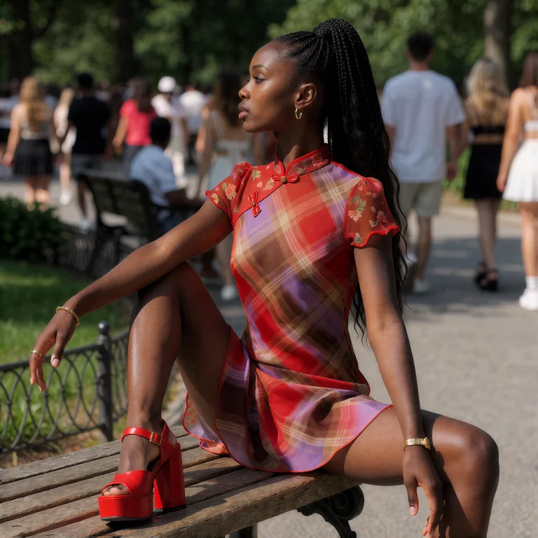 Woman With Braided Ponytail Wearing A Red China Silk Short P...