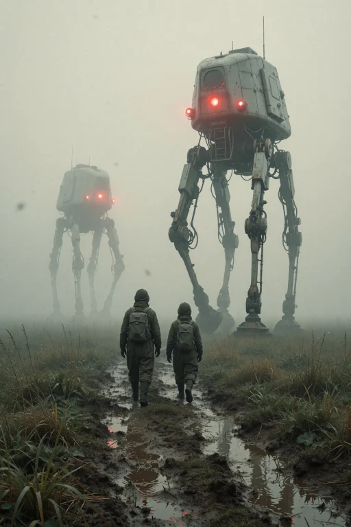 Two Small, Bent Figures Walk Along A Muddy Path Toward Massi...