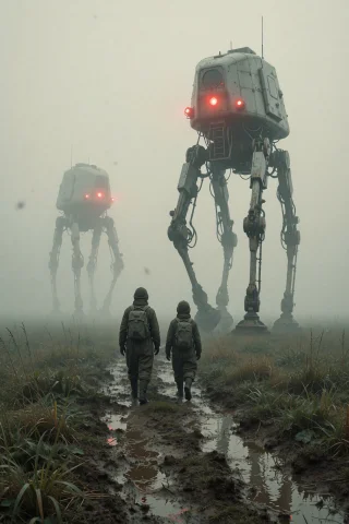 Two Small, Bent Figures Walk Along A Muddy Path Toward Massi... — Stable Diffusion AI Prompt: Two small, bent figures walk along a muddy path toward massive, four-legged walk...