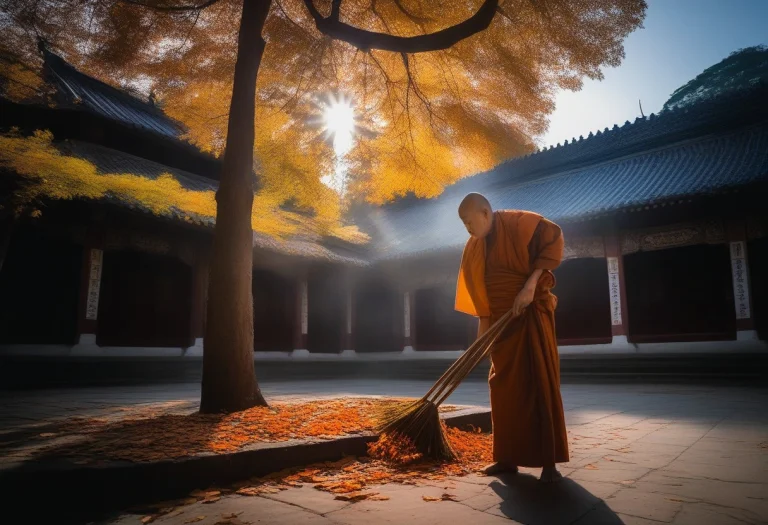 A Monk Sweeping Leaves In A Temple Courtyard, Editorial Phot...