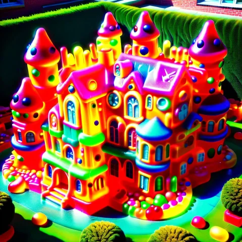 A Small Urban Courtyard Transformed Entirely Into A Gummy Ca... — SDXL AI Prompt: A small urban courtyard transformed entirely into a gummy candy world, where bui...