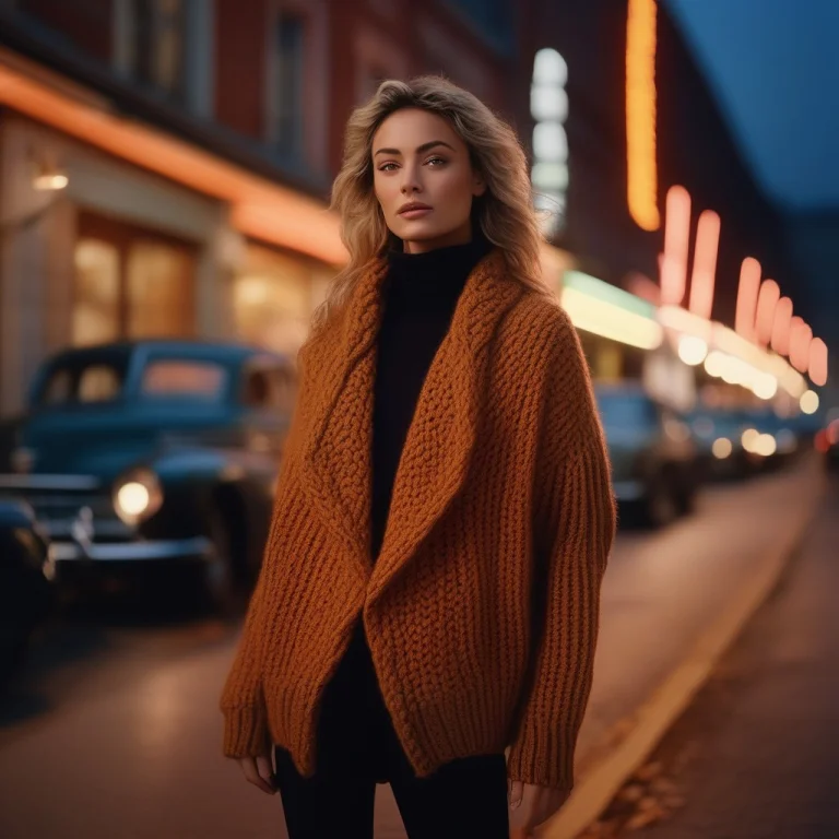 A Knit Ensemble On A Windswept Autumn Street, Film Photograp...
