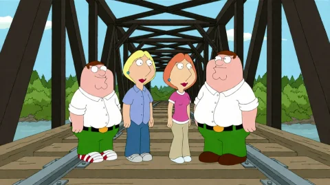 Fmlygyssn07, Four Cartoon Figures Stand Side By Side On A Wo... — Stable Diffusion AI Prompt: fmlygyssn07, Four cartoon figures stand side by side on a wooden railway bridge.