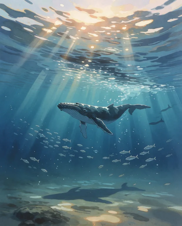 A Lone Humpback Whale Glides Gracefully Beneath The Surface...