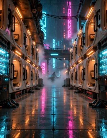 Cyb3r Qu4rt13r, Capsule Motel Corridor, Long Rows Of Sealed... — Stable Diffusion AI Prompt: cyb3r qu4rt13r, capsule motel corridor, long rows of sealed capsule doors stacke...