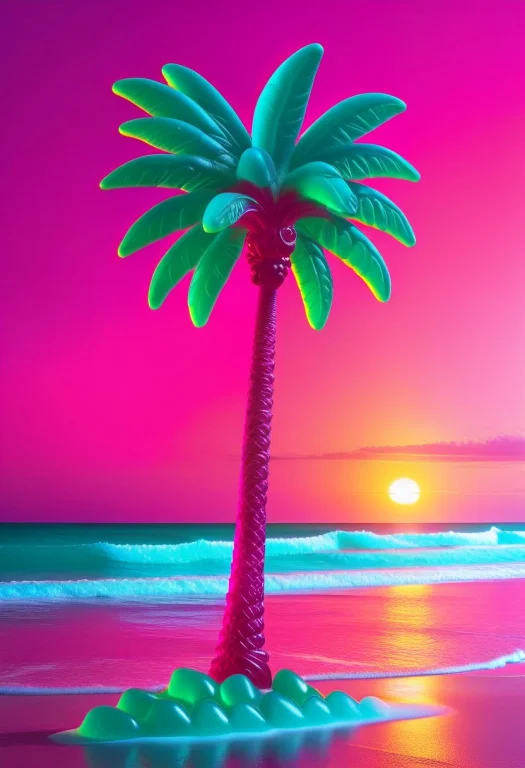 Gummymorph, A Lone Palm Tree On A Neon Beach At Night, Glowi...