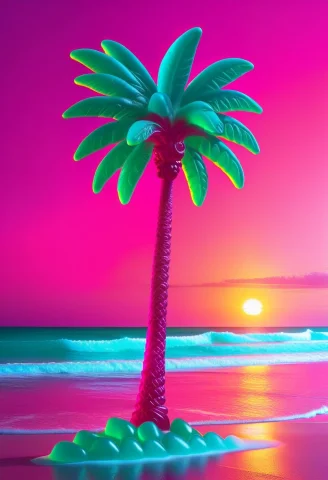 Gummymorph, A Lone Palm Tree On A Neon Beach At Night, Glowi... — SDXL AI Prompt: gummymorph, a lone palm tree on a neon beach at night, glowing sunset horizon, m...