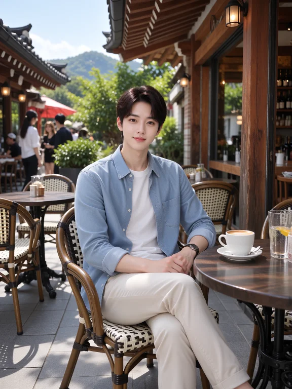 The Korean Cool Man Is Sitting And Smiling To Camera In Kore...