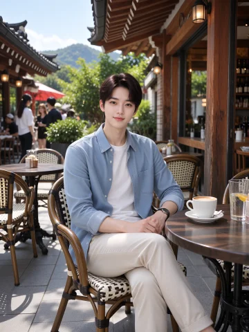 The Korean Cool Man Is Sitting And Smiling To Camera In Kore... — Stable Diffusion AI Prompt: The Korean cool man is sitting and smiling to camera in Korean cafe in outdoor.