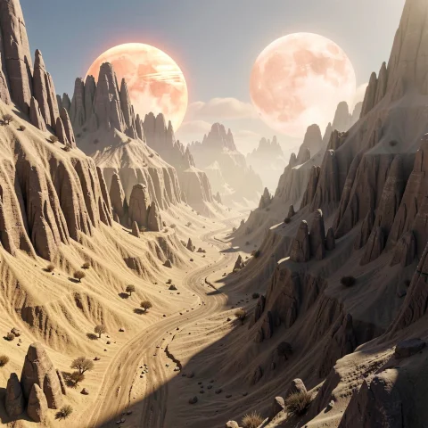 A Terraformed Valley Under Twin Rising Suns, Pixar Style 3d,... — Stable Diffusion AI Prompt: a terraformed valley under twin rising suns, pixar style 3d, harsh midday sun, a...