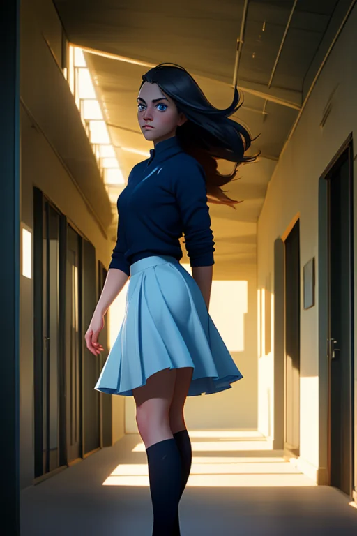 1girl, Windy Skirt, Blue Eyes, Standing, Afternoon Sun, Inte...