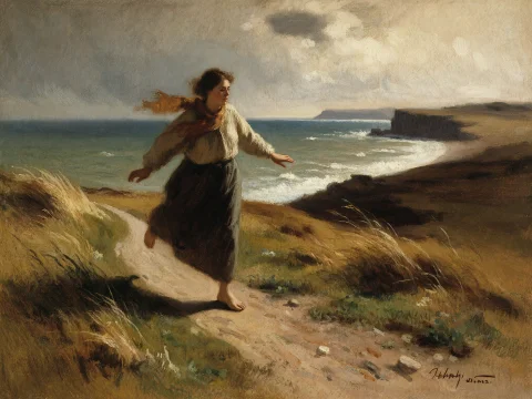 A Woman Running Along A Narrow British Coastal Path Above Th... — Stable Diffusion AI Prompt: A woman running along a narrow British coastal path above the sea, painted in ex...