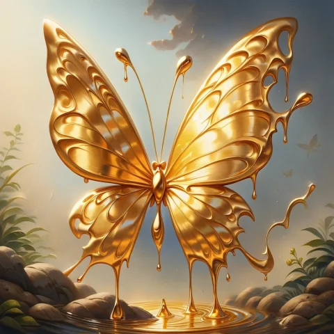 No Humans, Butterfly, Shiny, Liquidgoldmorph, Dripping, Pain... — SDXL AI Prompt: No humans, butterfly, shiny, liquidgoldmorph, dripping, painterly, faux traditio...