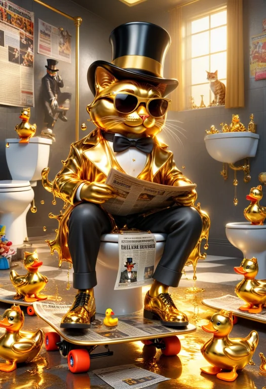 Hdr, 8k, Cat, Sunglasses, Top Hat, Newspaper, Surround By Ru...