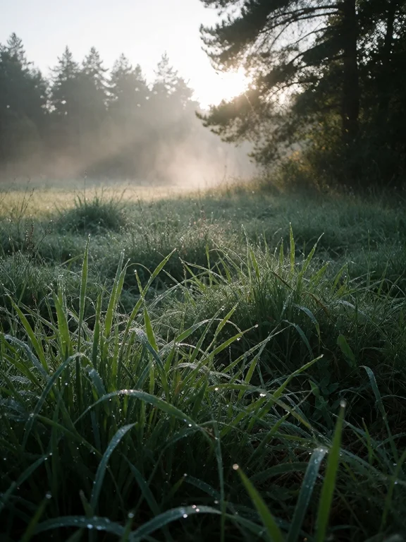 Wide Landscape View Of A Grassy Field Covered In Fresh Morni...
