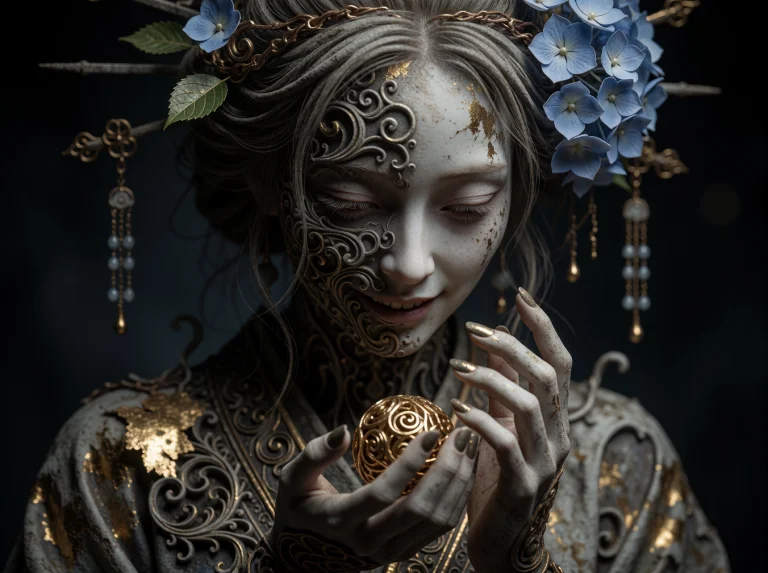 Close-up Portrait Of A Mystical, Ethereal Creepy Japanese Gh...