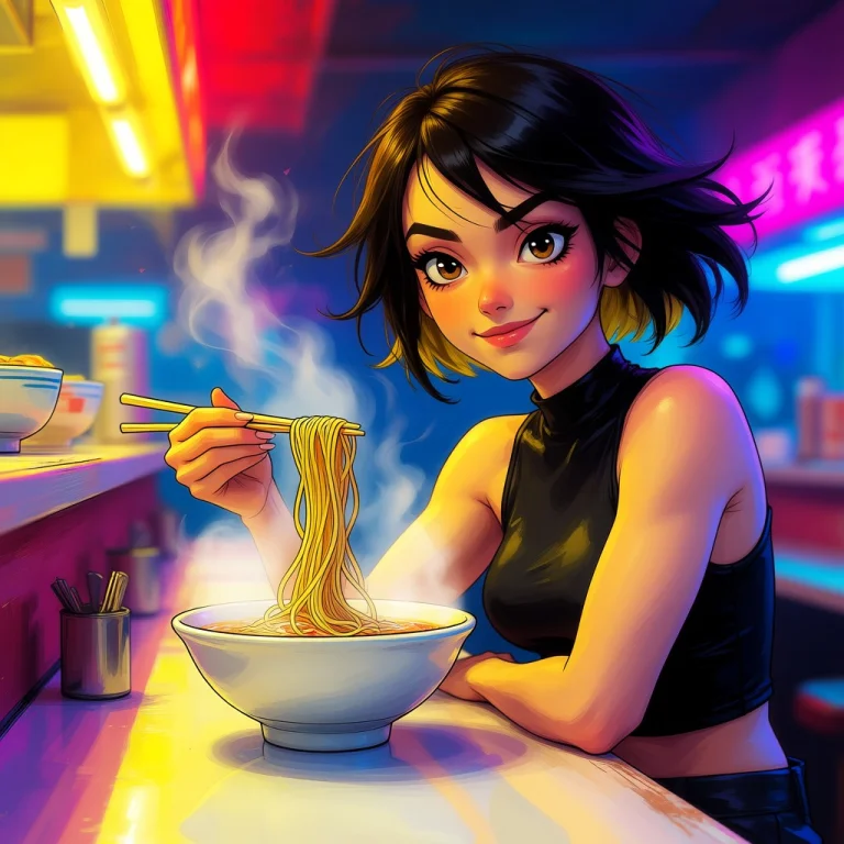 Waist-up At A Neon-lit Ramen Counter At Night, A Woman Lifts...