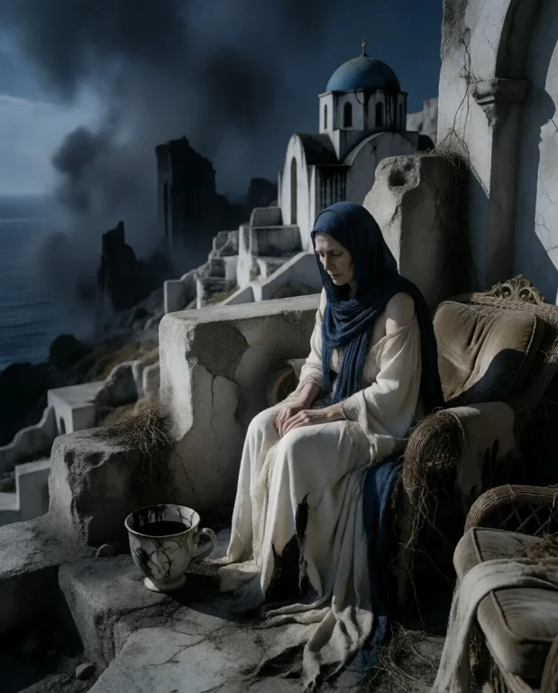 Bianc Sits With A Rigid, Haunting Grace Upon A Weathered Sto...