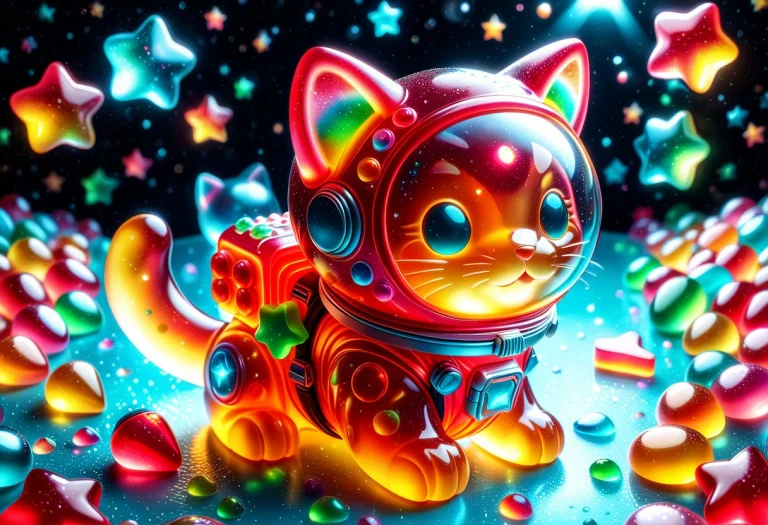 An Adorable, Funny Gummy Kitten Astronaut Floating In A Cand...