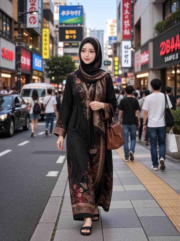 A Middle-easten Muslim Mama Is Walking In Japanese City.