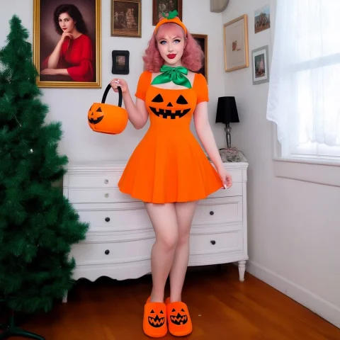 Class37pumpkindress Photograph Of A Young Woman With Light S... — Stable Diffusion AI Prompt: Class37_pumpkin_dress Photograph of a young woman with light skin and pink curly...