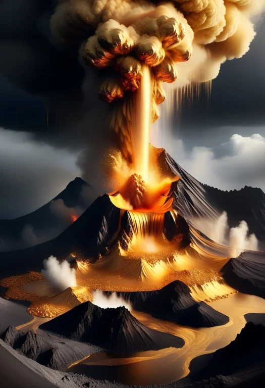 Liquidgoldmorph, A Colossal Volcano Erupting Beneath A Dark...
