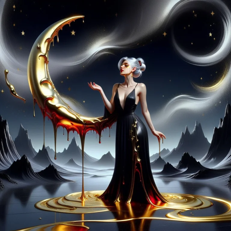 A Golden Crescent Moon Dripping Liquid Gold Onto The Ground...