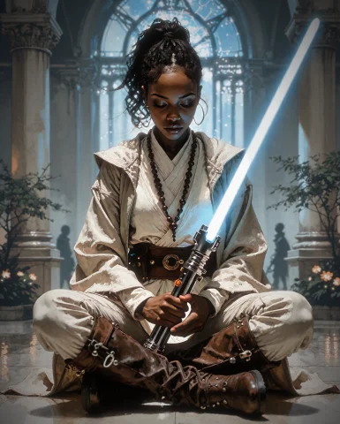 Ta86wistfall, Pastelg0th, Lovely Jedi Female African, Dark E... — Stable Diffusion AI Prompt: ta86_wistfall, PastelG0th, (lovely jedi) female african, dark eyes, dark skin, h...