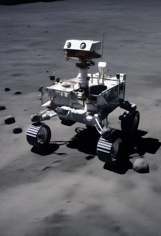 A Lunar Rover Parked On Grey Regolith, Iridescent Light, Neg...