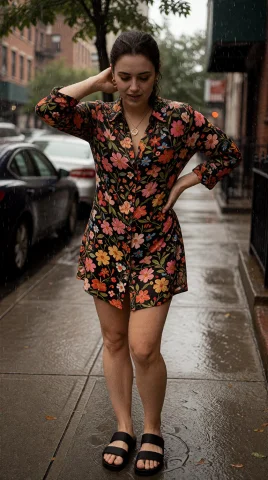Densefloralprint. Outdoors And Caught By Surprise In The Rai... — Stable Diffusion AI Prompt: DenseFloralPrint. Outdoors and caught by surprise in the rain on an urban sidewa...