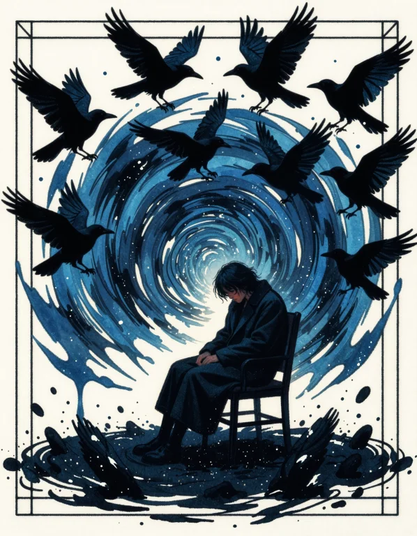 A Solitary Figure Sits On A Chair, Head Bowed In Sorrow, As...
