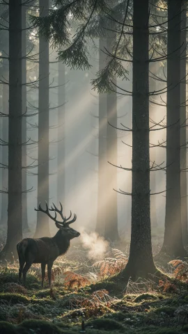 A Quiet Wildlife Photograph Of A Red Stag Standing In A Mist... — Stable Diffusion AI Prompt: A quiet wildlife photograph of a red stag standing in a misty spruce forest at s...