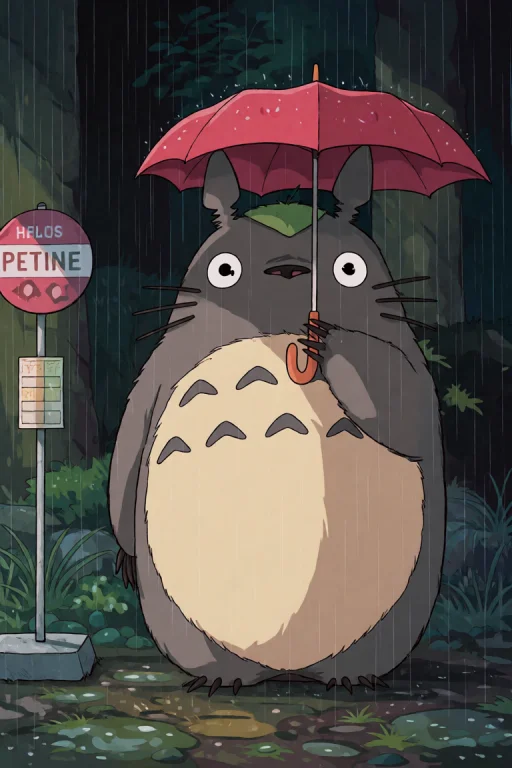 A Carlesdalmau Style Illustration Of Totoro Holding A Red Um...