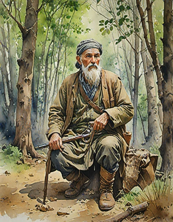 Chahamanstylewatercolor,an Old Hunter In A Forest