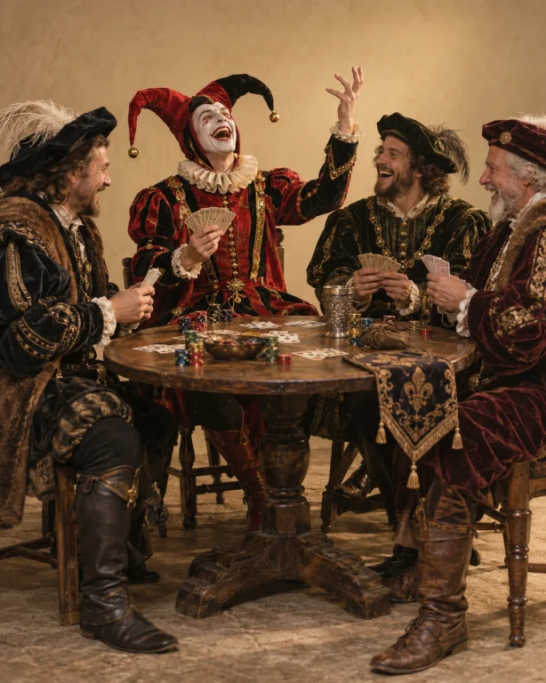A Cinematic Historical Renaissance-era Card Game Scene, Four...