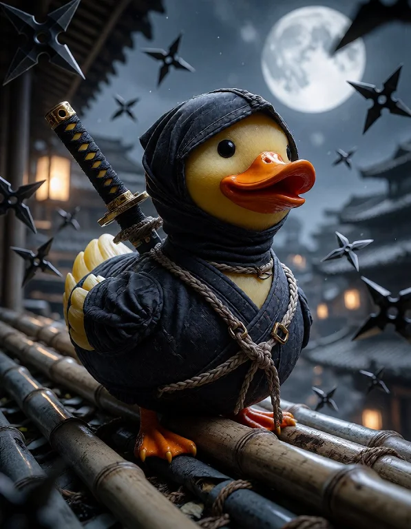A Rubber Duck In A Black Ninja Outfit With A Katana Strapped...