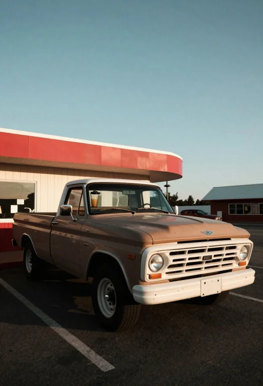 An Old Pickup Truck Parked By A Diner At Dusk, Blender Rende...