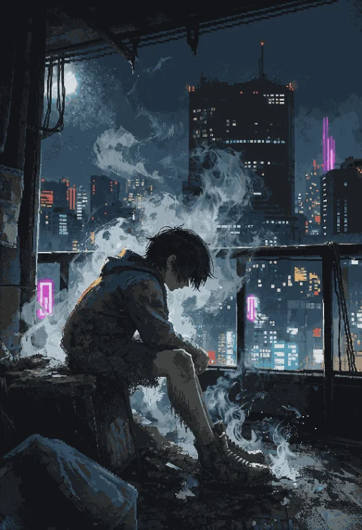Dirty,trash,leaning Forward,outdoors,balcony,city Lights,cit...
