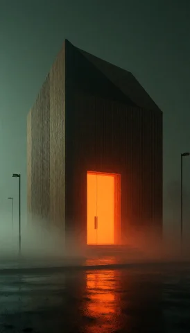 Photograph Of A Modern, Minimalist Building At Night, Shroud... — Stable Diffusion AI Prompt: Photograph of a modern, minimalist building at night, shrouded in fog. The struc...