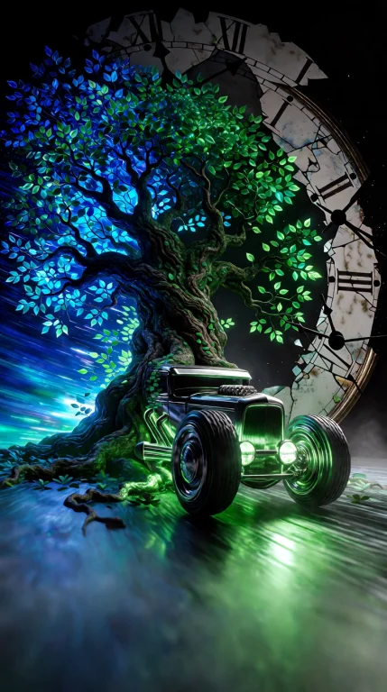 A Surreal, Dynamic Fusion Of A Hot Rod, A Tree, And A Table...