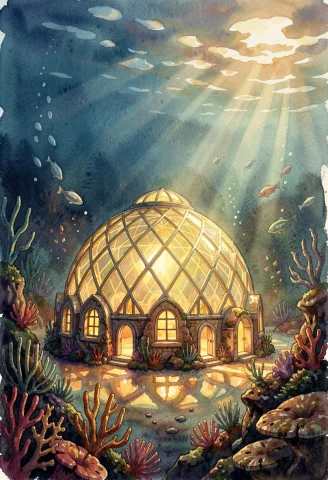 An Underwater Dome City Glowing In The Deep, Watercolor Pain... — Stable Diffusion AI Prompt: an underwater dome city glowing in the deep, watercolor painting, dappled sunlig...