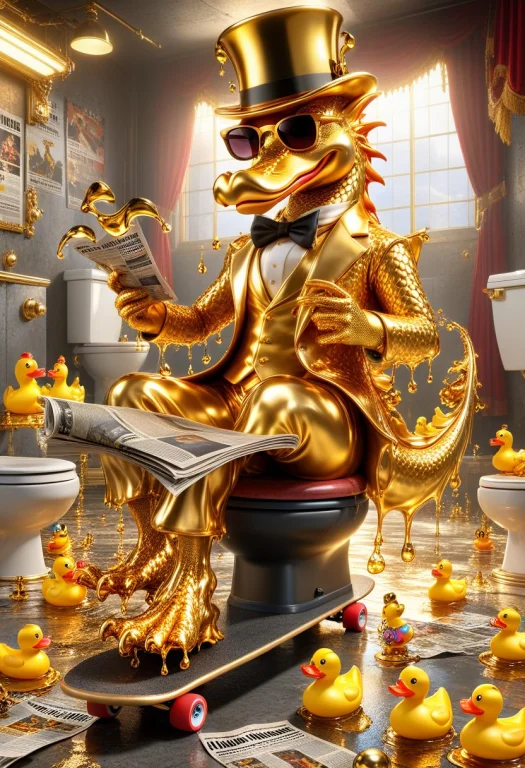 Hdr, 8k, Dragon, Sunglasses, Top Hat, Newspaper, Surround By...