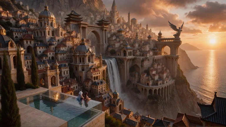 A Majestic Goldenhour Coastal Megacity Built Into A Colossal...