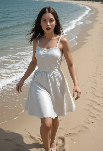 Photorealistic, A Turi4n Wearing A White Sundress Attackingy... — Stable Diffusion AI Prompt: Photorealistic, A turi4n wearing a white sundress attacking_you on a beach.