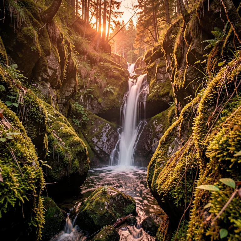 A Hidden Waterfall In A Moss-covered Ravine, Twilight Glow,...