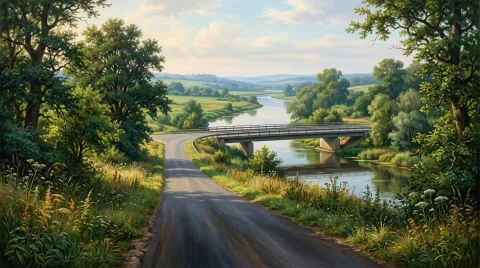 A Richly Detailed Realistic Oil Painting Of A Quiet Rural As... — Stable Diffusion AI Prompt: A richly detailed realistic oil painting of a quiet rural asphalt road passing t...