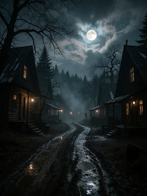 The Image Shows A Haunting Nighttime Village Scene Under A F...