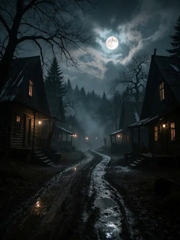 The Image Shows A Haunting Nighttime Village Scene Under A F... — Stable Diffusion AI Prompt: The image shows a haunting nighttime village scene under a full moon partially v...